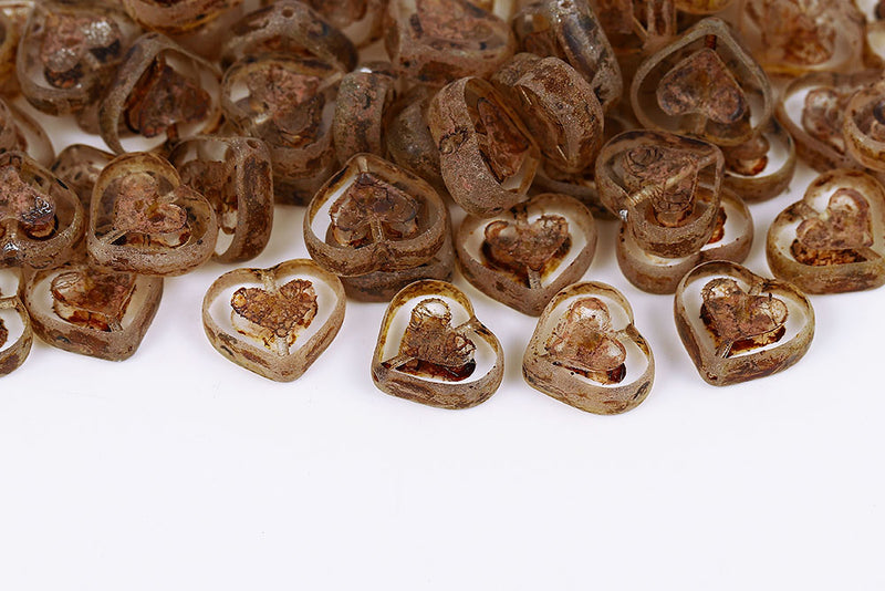 Heart 14×12mm Crystal Travertin With Gold 1-Hole Czech Beads