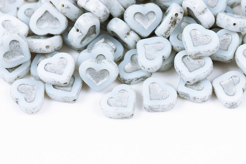 Heart 14×12mm Chalk Silver Finish 1-Hole Czech Beads