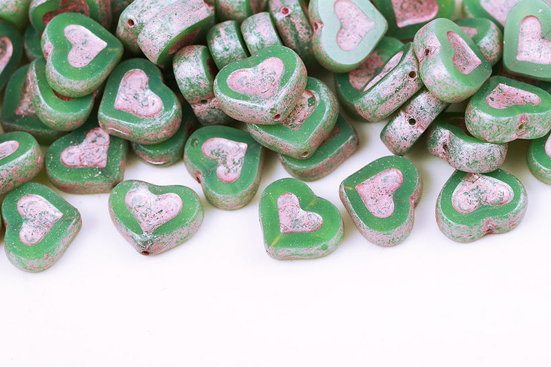 Heart 14×12mm Opal Green Pink Finish 1-Hole Czech Beads