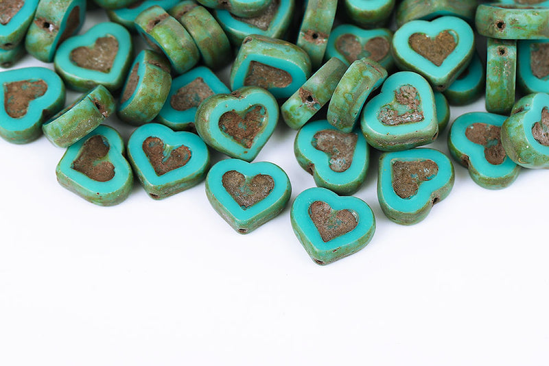 Heart 14×12mm Turquoise Green Travertin With Gold 1-Hole Czech Beads