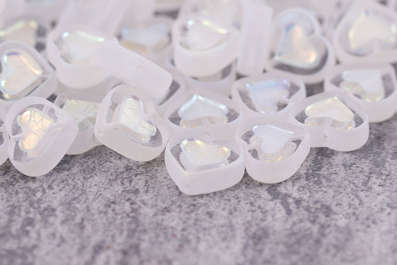 Heart 14×12mm Crystal AB Full Matt 1-Hole Czech Beads