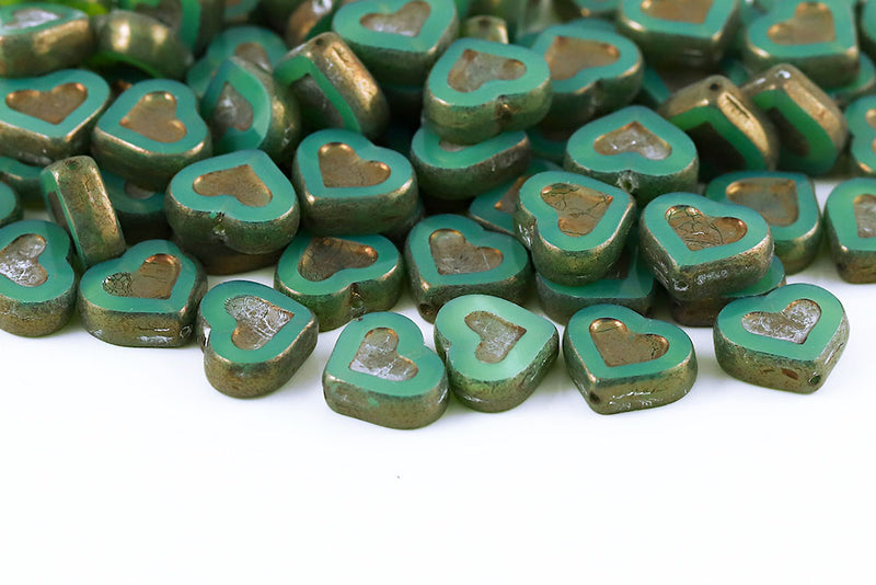 Heart 14×12mm Opal Green Violet Luster 1-Hole Czech Beads