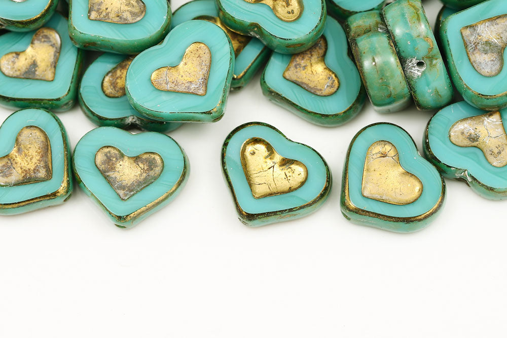 Heart 14×12mm Turquoise Green Travertin Amber 1-Hole Czech Beads