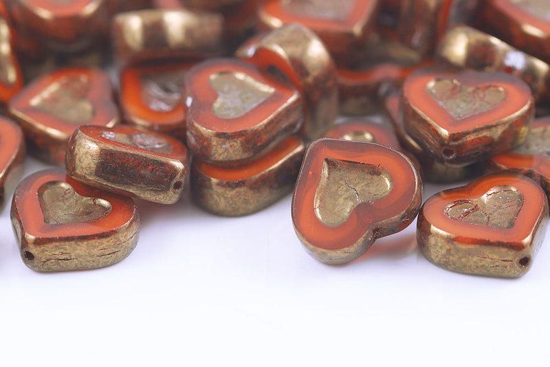 Heart 14×12mm Opal Dark Orange Violet Luster 1-Hole Czech Beads