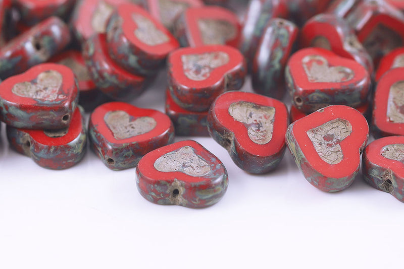 Heart 14×12mm Opaque Coral Red Travertin With Gold 1-Hole Czech Beads