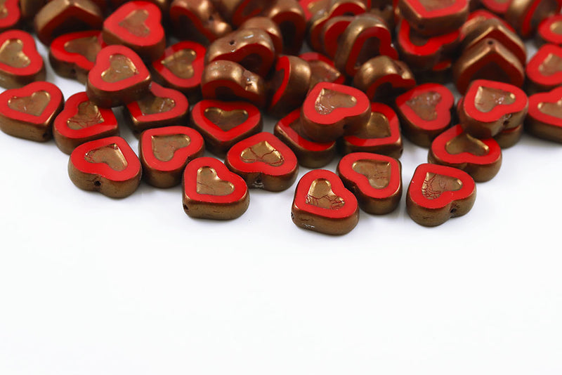 Heart 14×12mm Opaque Coral Red Violet Luster 1-Hole Czech Beads