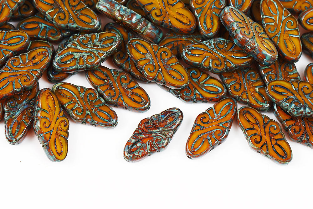 Arabesque 19×9mm Opal Amber Travertine 1-Hole Czech Beads