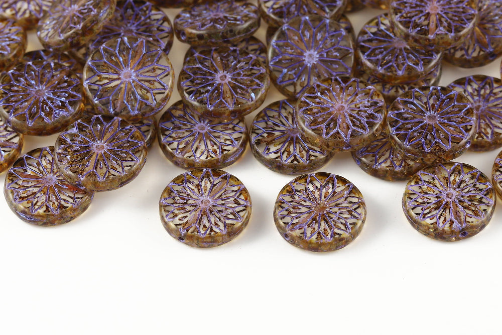 Origami Flowers 18mm Crystal Travertin With Metallic Purple 1-Hole Czech Beads