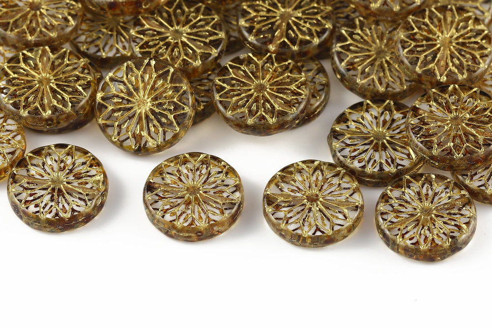 Origami Flowers 18mm Crystal Travertin With Gold 1-Hole Czech Beads