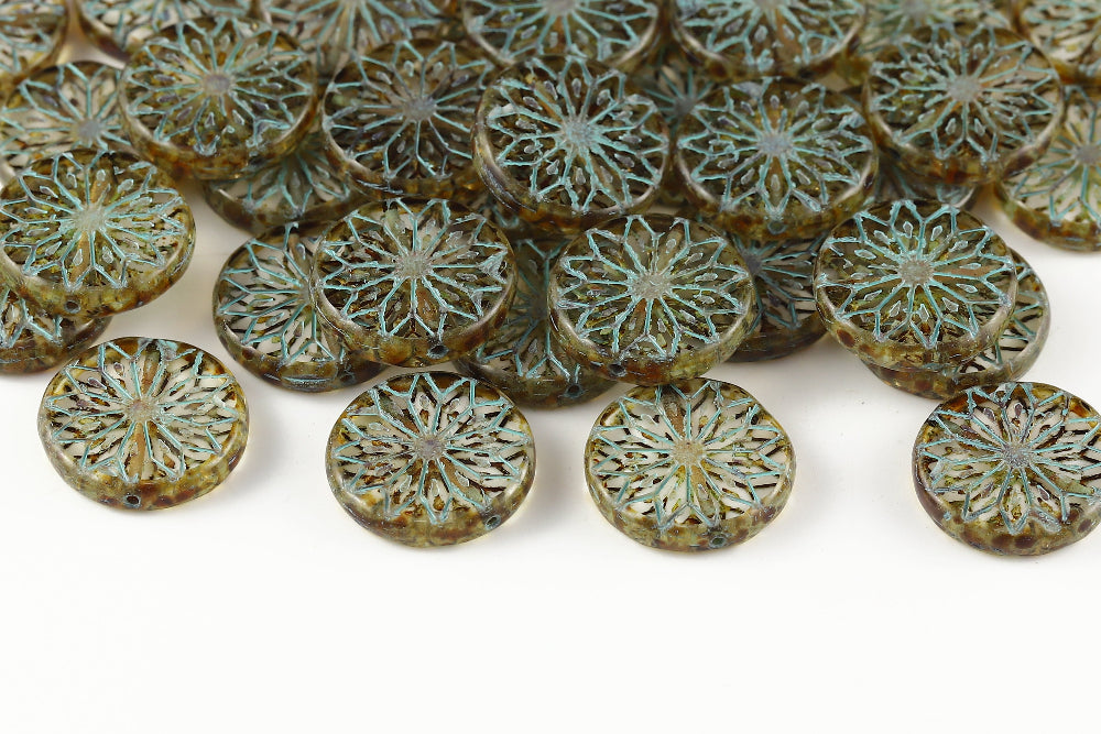 Origami Flowers 18mm Crystal Travertin With Blue 1-Hole Czech Beads