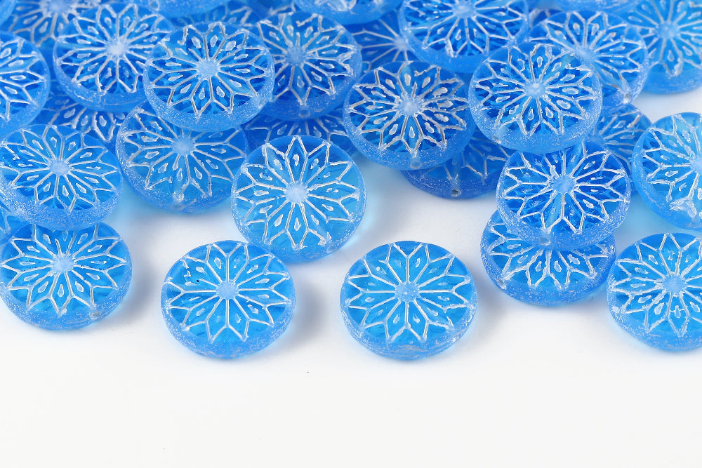 Origami Flowers 18mm Aqua Bohemica With White Matt 1-Hole Czech Beads