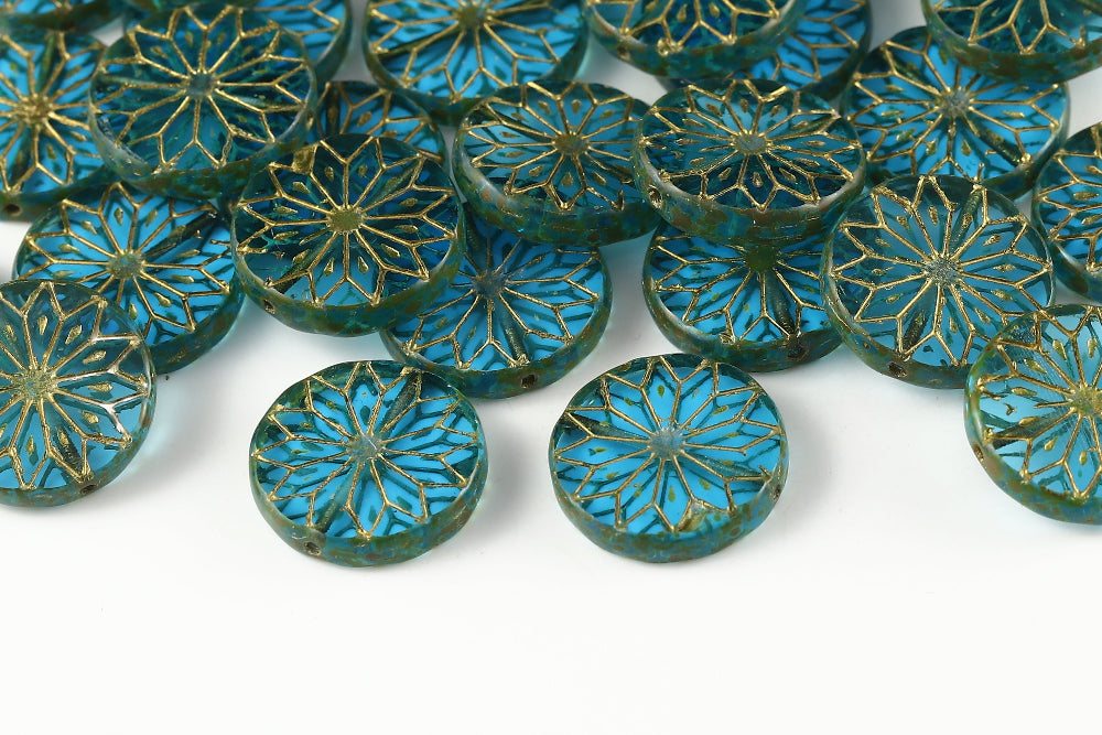 Origami Flowers 18mm Aquamarine Travertin With Gold 1-Hole Czech Beads