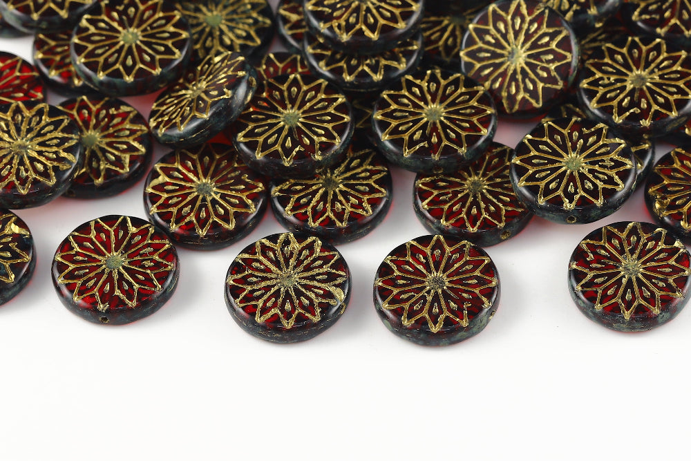 Origami Flowers 18mm Ruby Travertin With Gold 1-Hole Czech Beads