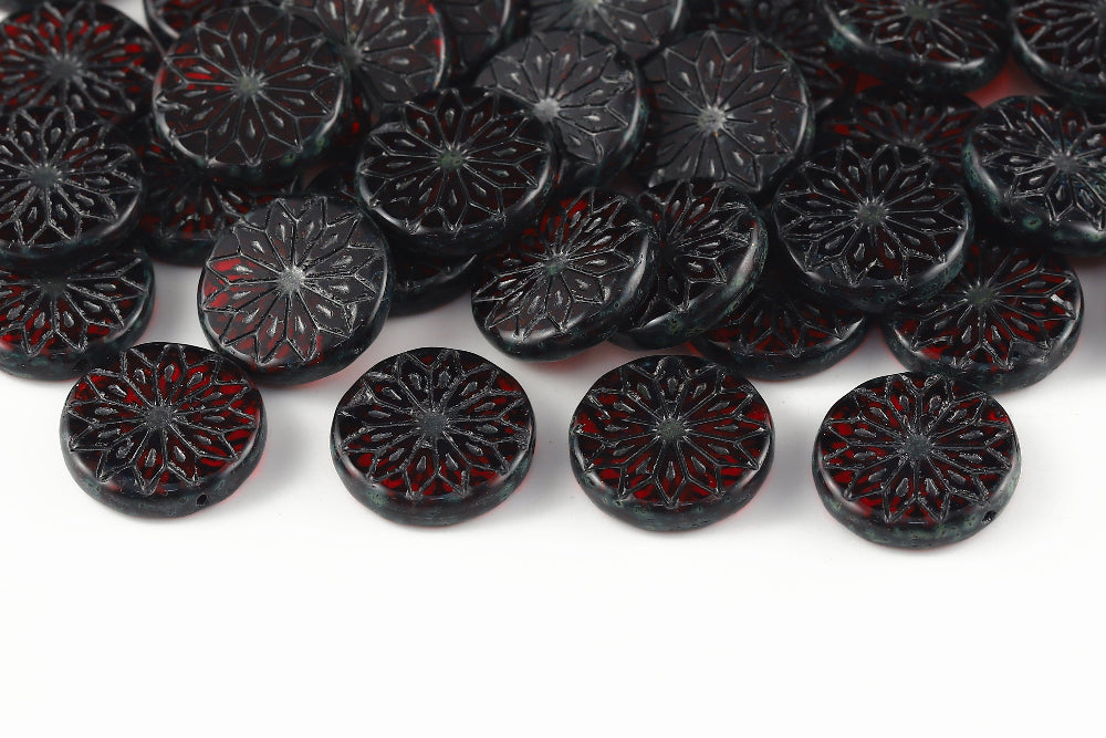Origami Flowers 18mm Ruby Travertin With Black 1-Hole Czech Beads
