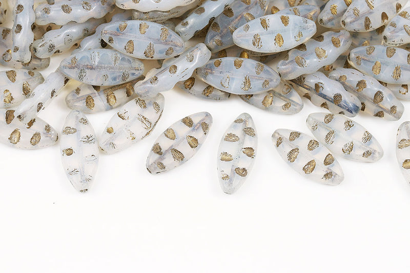 Serrated 18×7mm Opal White Gold Finish 1-Hole Czech Beads