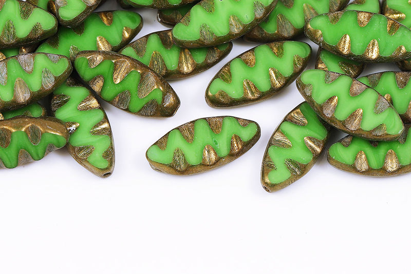 Serrated 18×7mm Opal Green Gold Luster 1-Hole Czech Beads