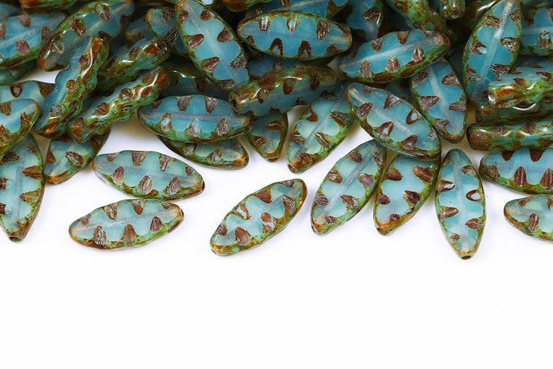 Serrated 18×7mm Aqua Travertin 1-Hole Czech Beads