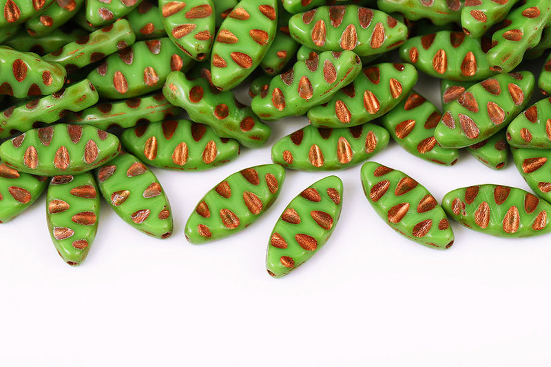 Serrated 18×7mm Silk Green Travertin With Copper 1-Hole Czech Beads