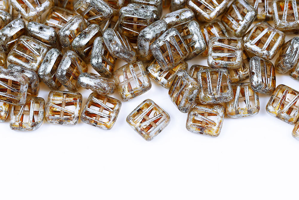 Squared Designed 10×10mm Crystal Travertine Silver Finish Czech Beads