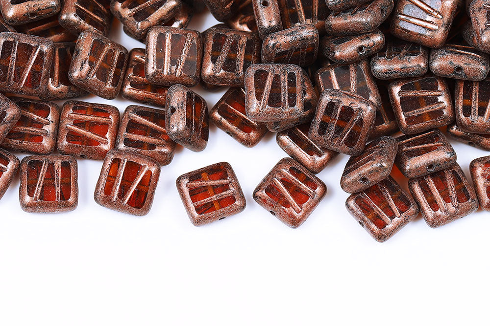 Squared Designed 10×10mm Topaz Dark Copper Finish 1-Hole Czech Beads