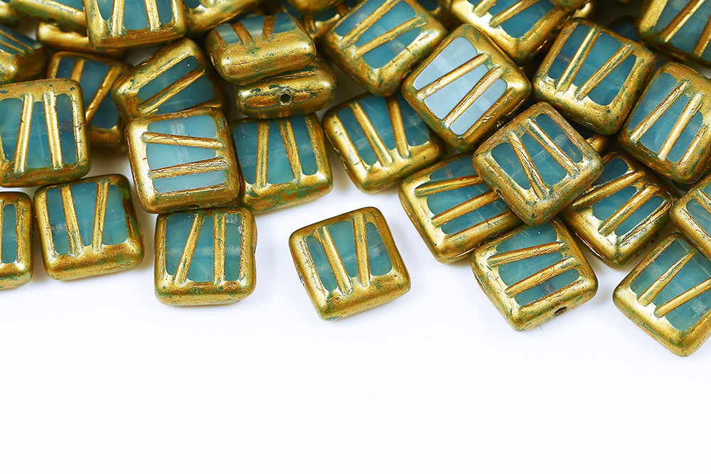 Squared Designed 10×10mm Opal Aqua Gold Finish 1-Hole Czech Beads