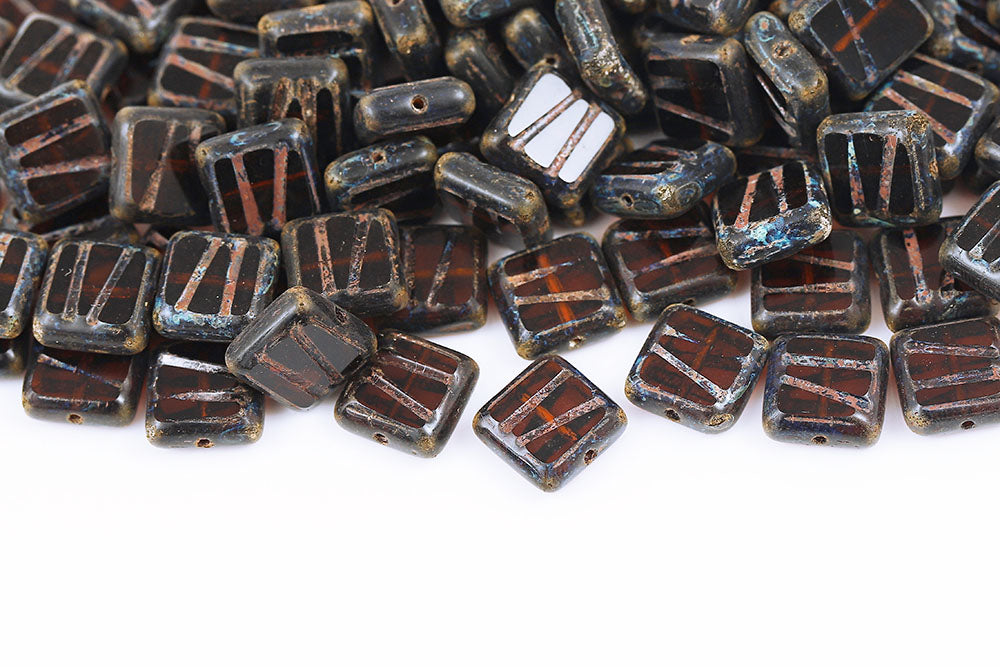 Squared Designed 10×10mm Dark Topaz Travertin 1-Hole Czech Beads