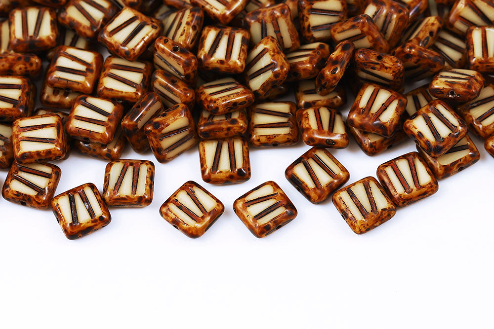 Squared Designed 10×10mm Opaque Ivory Travertin 1-Hole Czech Beads