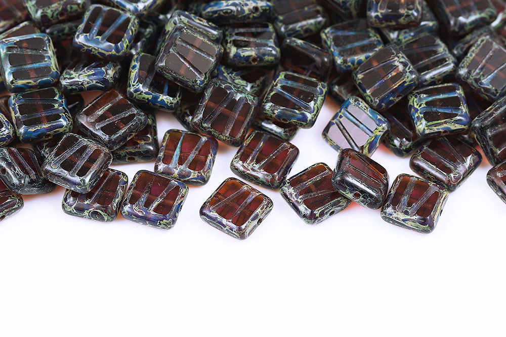 Squared Designed 10×10mm Amethyst Travertin 1-Hole Czech Beads