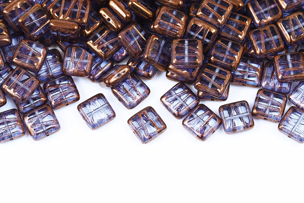 Squared Designed 10×10mm Violet Luster 1-Hole Czech Beads