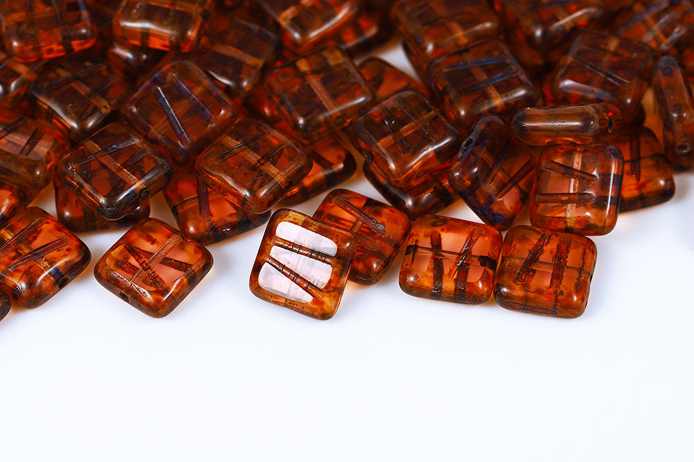Squared Designed 10×10mm Opal Peach Travertin 1-Hole Czech Beads