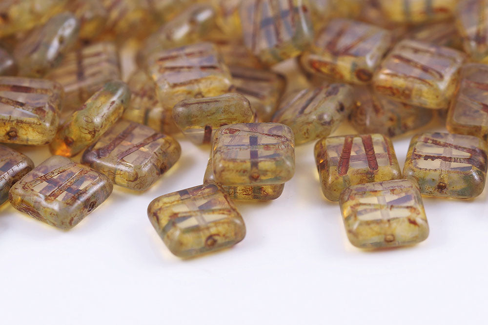 Squared Designed 10×10mm Opal Amber Travertin 1-Hole Czech Beads