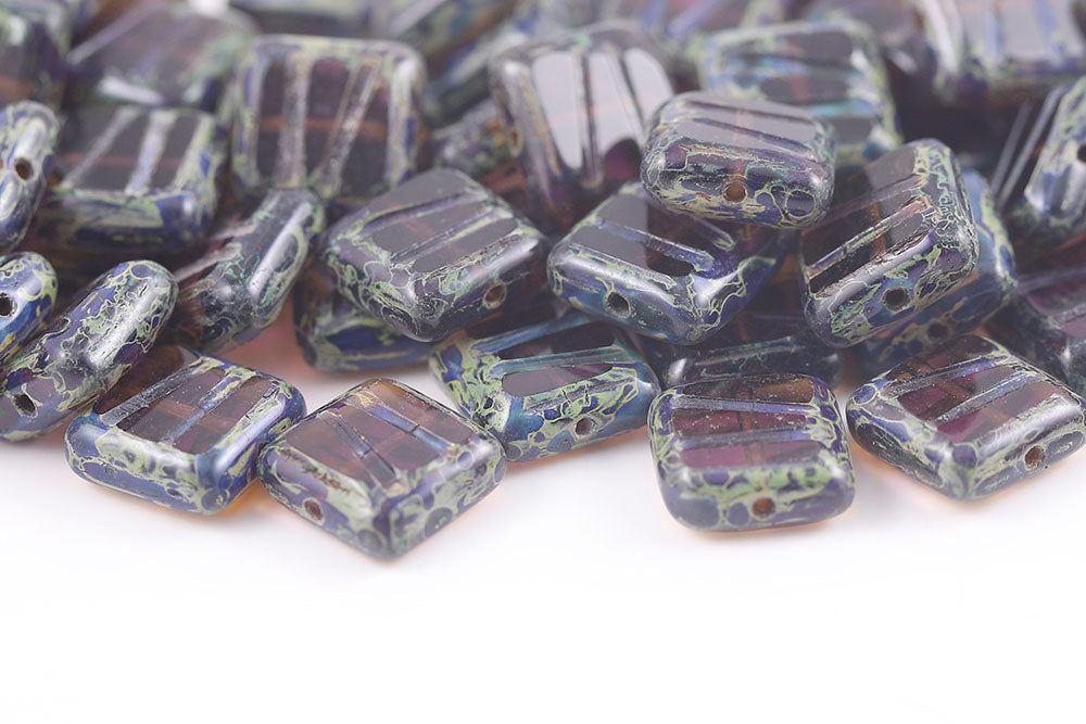 Squared Designed 10×10mm Violet Travertine 1-Hole Czech Beads