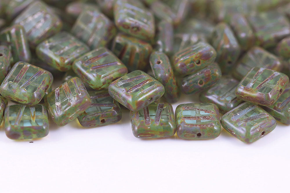 Squared Designed 10×10mm Aqua Travertin 1-Hole Czech Beads