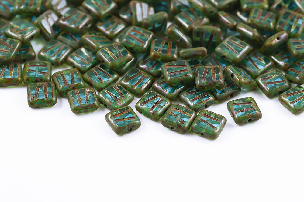 Squared Designed 10×10mm Blue Zircon Travertin 1-Hole Czech Beads
