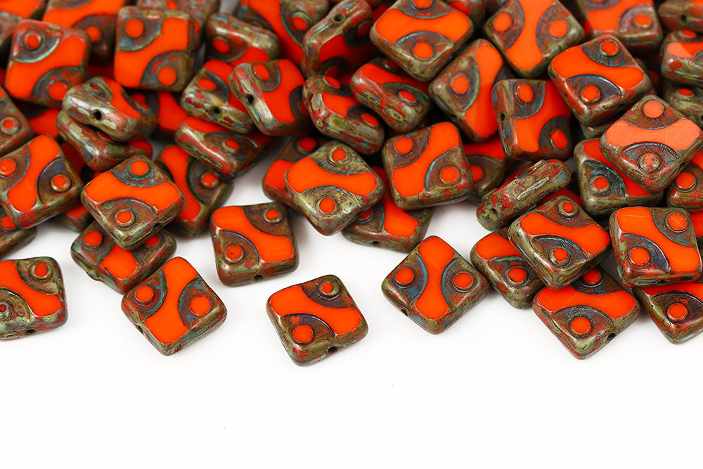 Eyes Squared 10×10mm Opaque Red Travertine 1-Hole Czech Beads