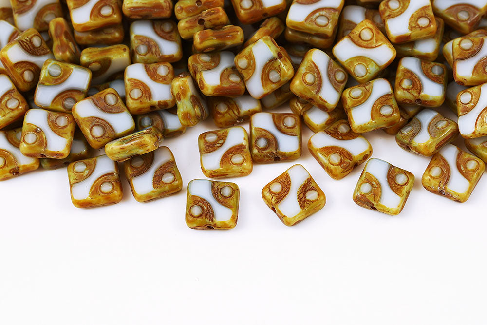 Eyes Squared 10×10mm White Blue Mixed Travertine 1-Hole Czech Beads