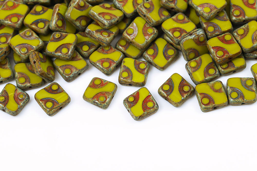 Eyes Squared 10×10mm Opaque Olivine Travertin 1-Hole Czech Beads