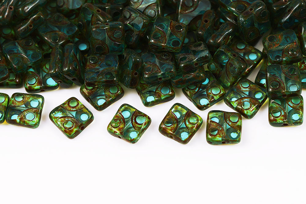 Eyes Squared 10×10mm Aqua Travertine 1-Hole Czech Beads