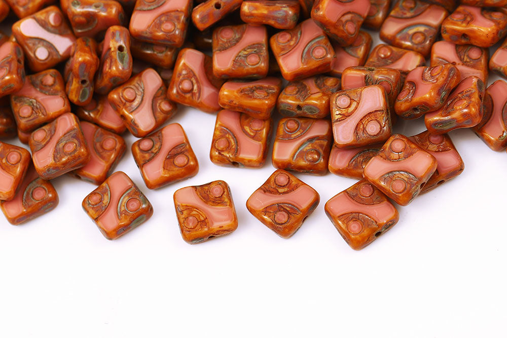 Eyes Squared 10×10mm Opaque Peach Travertin 1-Hole Czech Beads