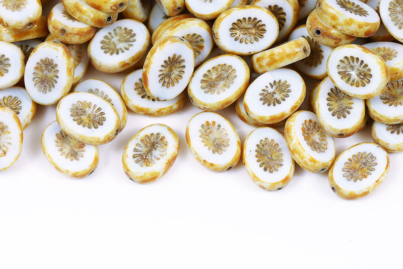 Kiwi 14×10mm Chalk Travertin With Gold 1-Hole Czech Beads