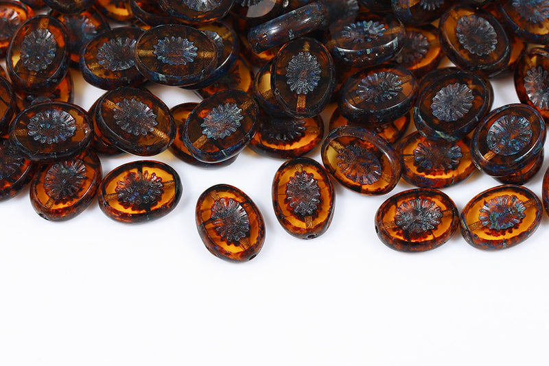 Kiwi 14×10mm Amber Streaks Travertin 1-Hole Czech Beads