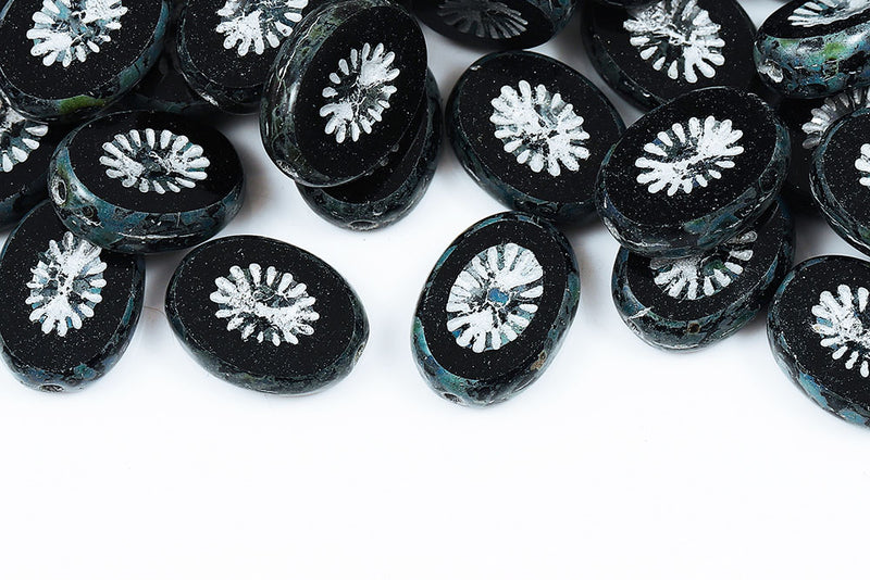 Kiwi 14×10mm Jet Travertin With Silver 1-Hole Czech Beads