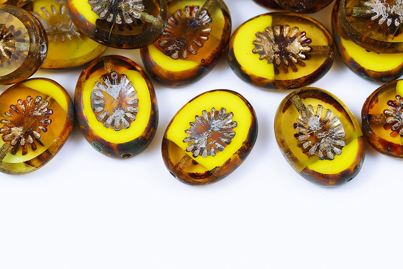 Kiwi 14×10mm Yellow Mixed Travertin With Gold 1-Hole Czech Beads