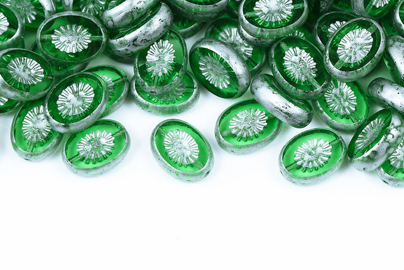 Kiwi 14×10mm Peridot Silver Finish 1-Hole Czech Beads