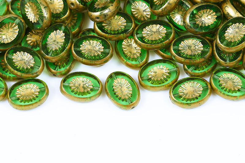 Kiwi 14×10mm Peridot Gold Finish 1-Hole Czech Beads