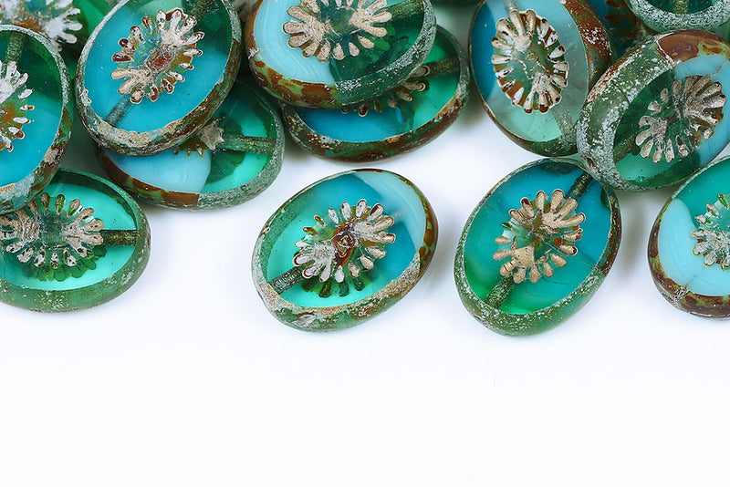 Kiwi 14×10mm Green Mixed Travertin With Gold 1-Hole Czech Beads