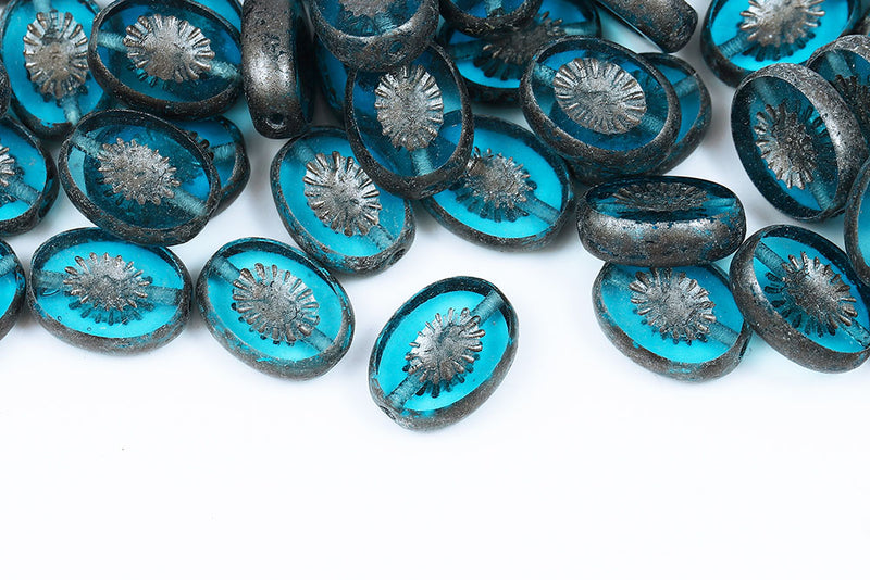 Kiwi 14×10mm Aqua Silver Finish 1-Hole Czech Beads