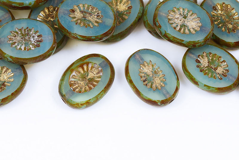 Kiwi 14×10mm 1-Hole Opal Aqua Travertin With Gold Czech Beads