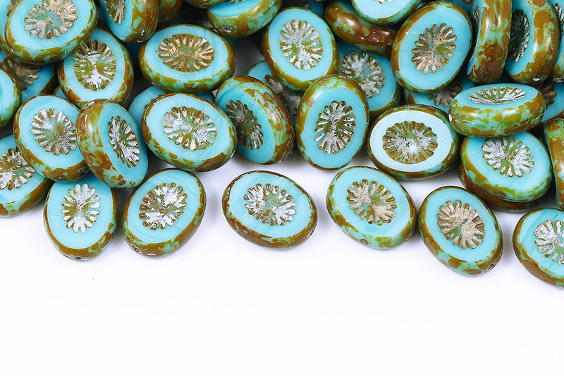 Kiwi 14×10mm Opal Silk Aqua Travertin With Gold 1-Hole Czech Beads