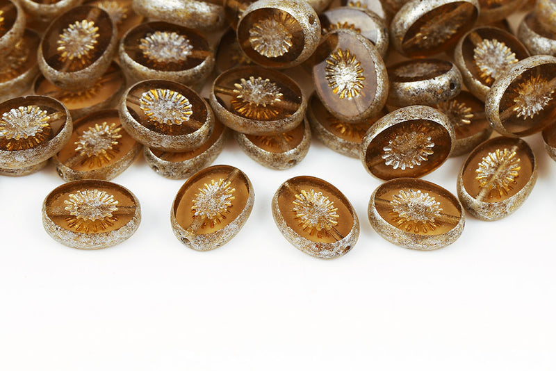 Kiwi 14×10mm Topaz Silver Finish 1-Hole Smoked Czech Beads